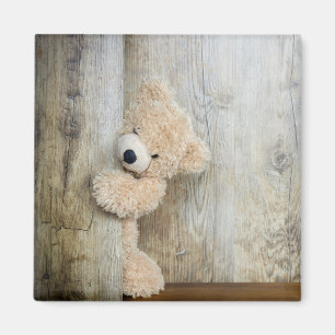 Cute Stuffed Bear Rustic Wooden Wall Magnet