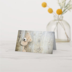 Cute Stuffed Bear Rustic Wooden Wall Place Card