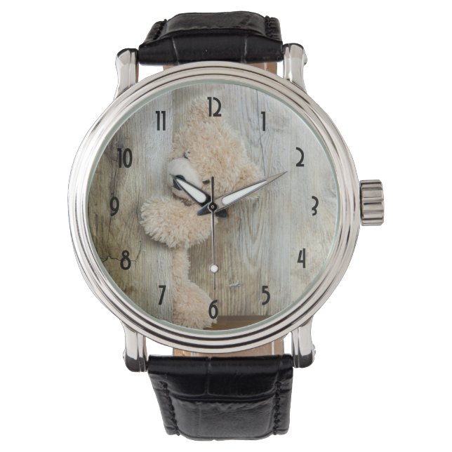 Cute Stuffed Bear Rustic Wooden Wall Watch (Front)