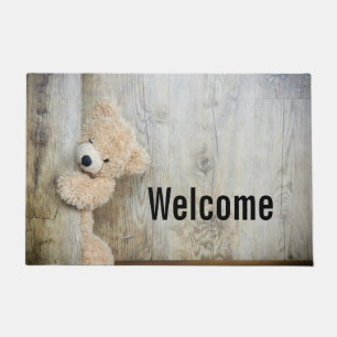 Cute Stuffed Bear Rustic Wooden Wall Welcome Doormat
