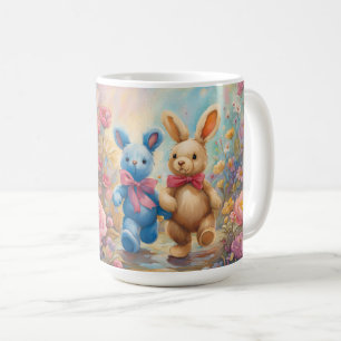 Cute Stuffed Bunnies strolling In a Pastel Garden Coffee Mug