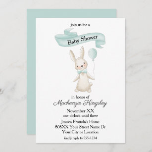 Cute Stuffed Bunny with Teal Balloon Baby Shower Invitation