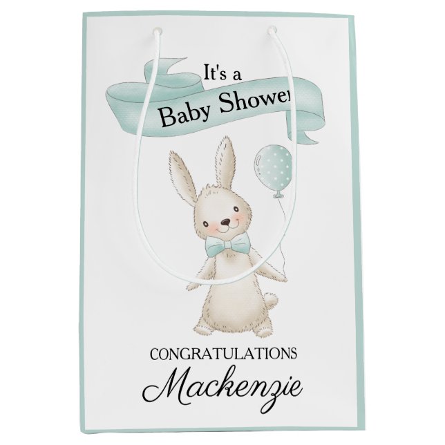 Cute Stuffed Bunny with Teal Balloon Baby Shower Medium Gift Bag (Front)