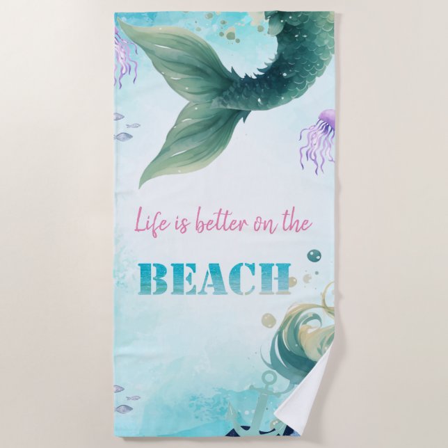 Cute Stylish Beach, Mermaid Tail Beach Towel (Front)