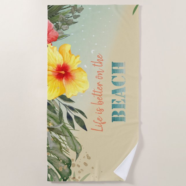 Cute Stylish Beach,Palm Leaf Hibiscus Beach Towel (Front)