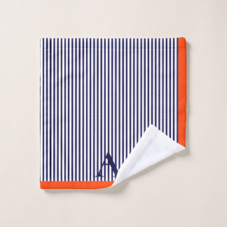Cute Stylish Blue And Orange Striped Monogram Bath Towel Set