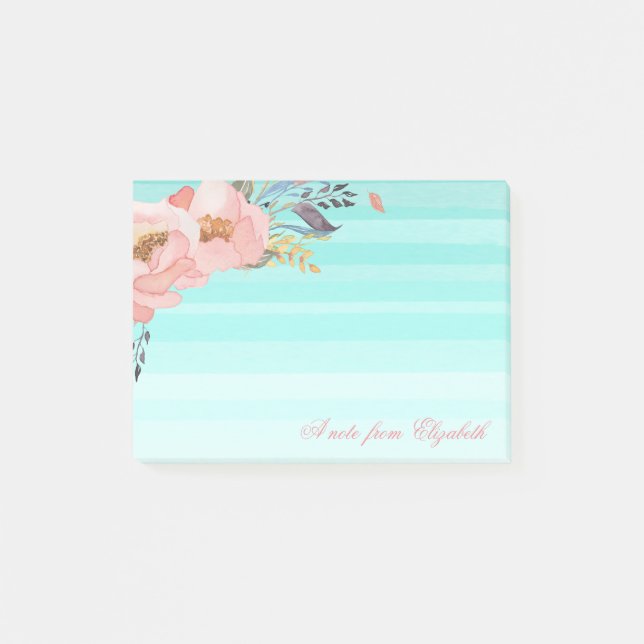 Cute Stylish Girly  Watercolor Flowers,Striped Post-it Notes (Front)