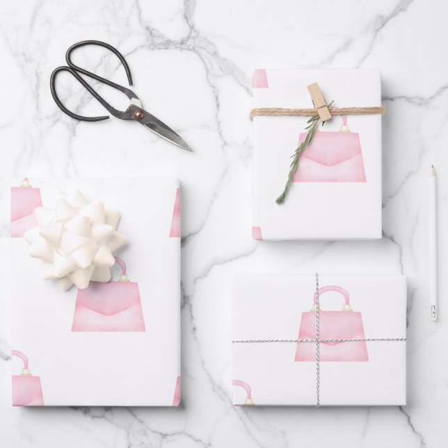 Cute Stylish Pink Watercolour Handbag Pattern Wrapping Paper Sheet (Front)