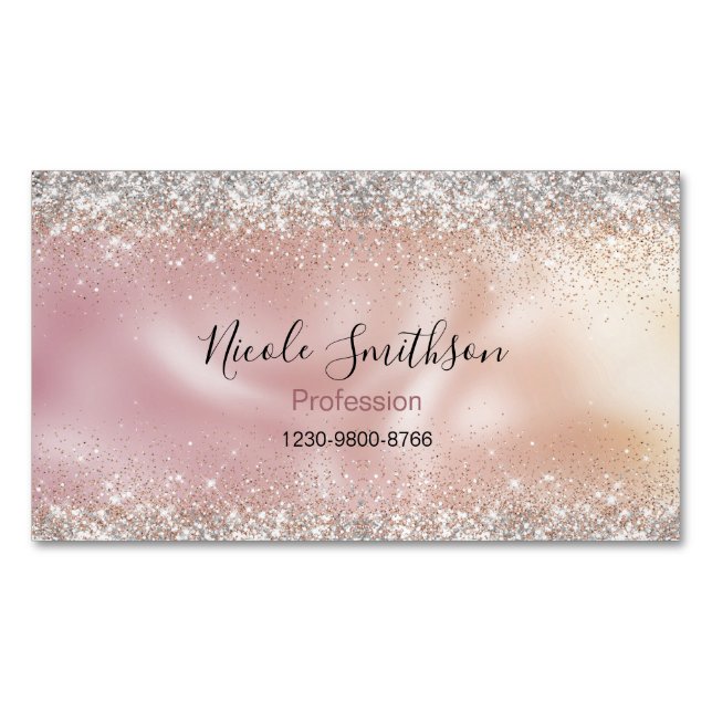 Cute stylish rose gold faux glitter monogram magnetic business card (Front)