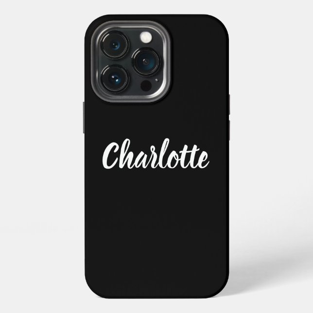 Cute stylish script name modern plain black white iPhone case (Back)