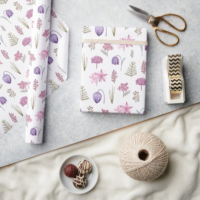 Cute Stylish Watercolor Pink Purple Flowers Garden Wrapping Paper (Crafts)