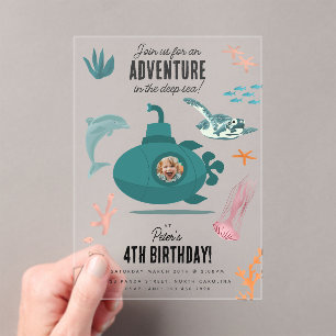 Cute Submarine Deep Sea Birthday Kids Photo Acrylic Invitations