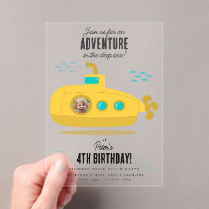 Cute Submarine Deep Sea Birthday Kids Photo Acrylic Invitations