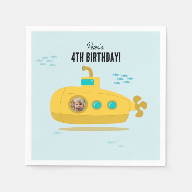 Cute Submarine Deep Sea Birthday Kids Photo Napkin (Front)