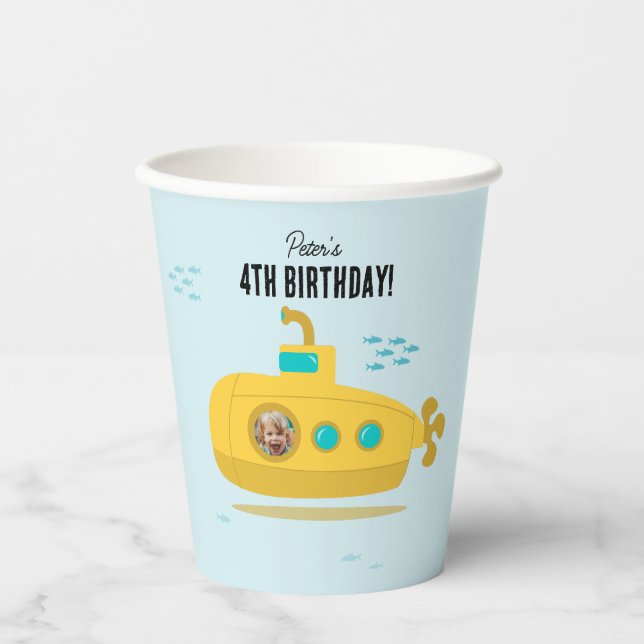 Cute Submarine Deep Sea Birthday Kids Photo Paper Cups (Front)