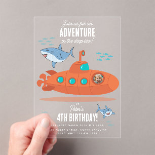 Cute Submarine Deep Sea Birthday Kids Photo Shark Acrylic Invitations