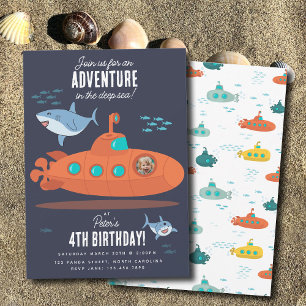 Cute Submarine Deep Sea Birthday Kids Photo Shark Invitation