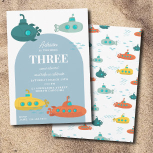Cute Submarine Deep Sea Kids Birthday Party Invitation