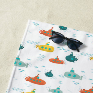 Cute Submarine Nautical Deep Sea Fish Kids Beach Towel