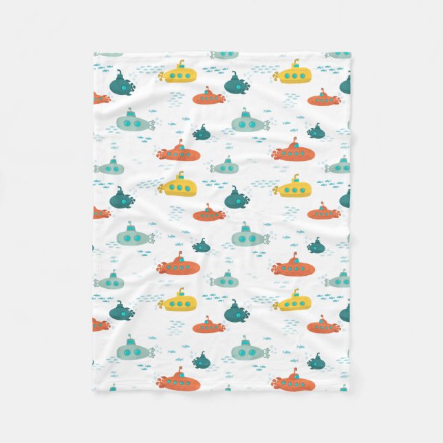 Cute Submarine Nautical Deep Sea Fish Pattern Fleece Blanket (Front)