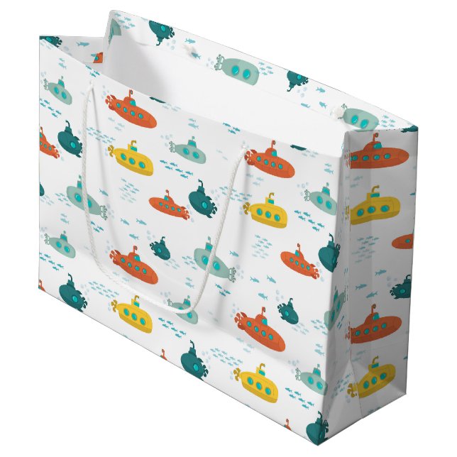 Cute Submarine Nautical Deep Sea Fish Pattern Large Gift Bag (Front Angled)