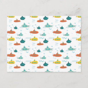 Cute Submarine Nautical Deep Sea Fish Pattern Postcard