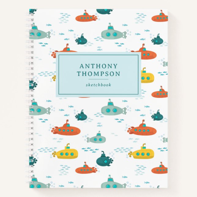 Cute Submarine Nautical Deep Sea Fish Sketchbook Notebook (Front)