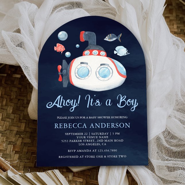 Cute Submarine Nautical Navy Blue Arch Baby Shower Invitation (Creator Uploaded)