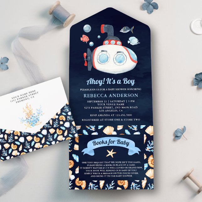 Cute Submarine Nautical Navy Blue Baby Shower All In One Invitation (Creator Uploaded)