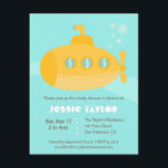 Cute Submarine Underwater Baby Shower Invitations<br><div class="desc">Baby shower invitation with a cute yellow submarine with blue window panes and bubbles coming out from the side. Background of waves to illustrate that the underwater craft is submerged underwater. On the reverse page is a polka dots bubbles pattern. Personalise easily with event details.</div>