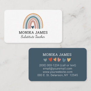 Cute Substitute Teacher Blue Boho Rainbow Business Card
