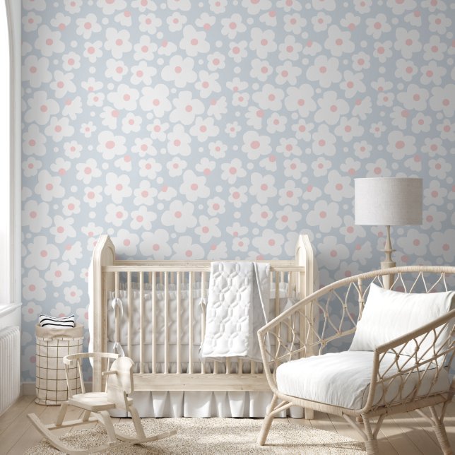 Cute Subtle Pink White Daisy Pattern on Blue Wallpaper (Kids)