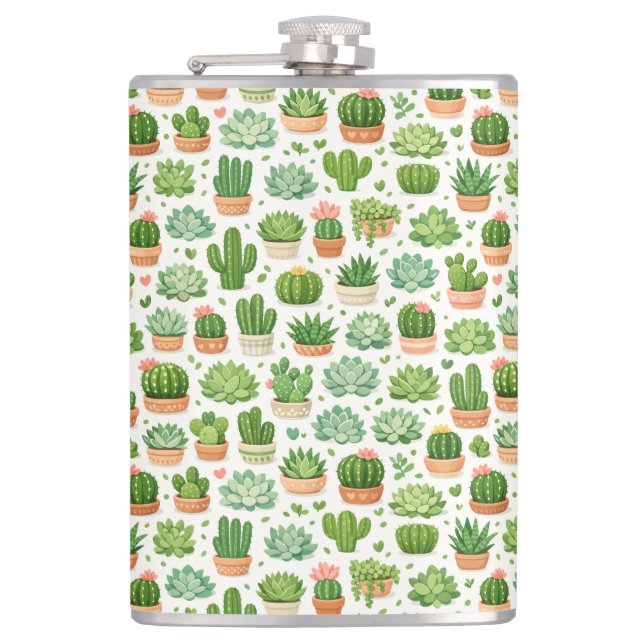 Cute Succulent Plant Seamless Pattern Hip Flask (Front)