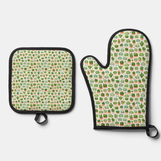 Cute Succulent Plant Seamless Pattern Oven Mitt & Pot Holder Set (Front)