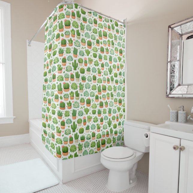 Cute Succulent Plant Seamless Pattern Shower Curtain (In Situ)