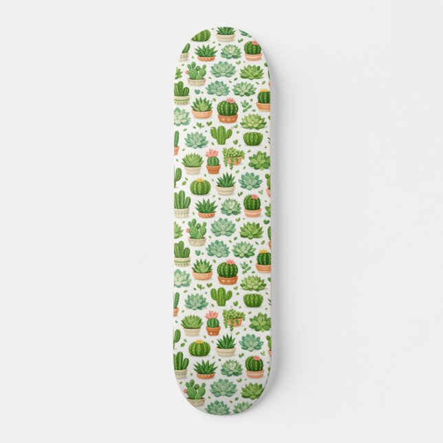 Cute Succulent Plant Seamless Pattern Skateboard (Front)