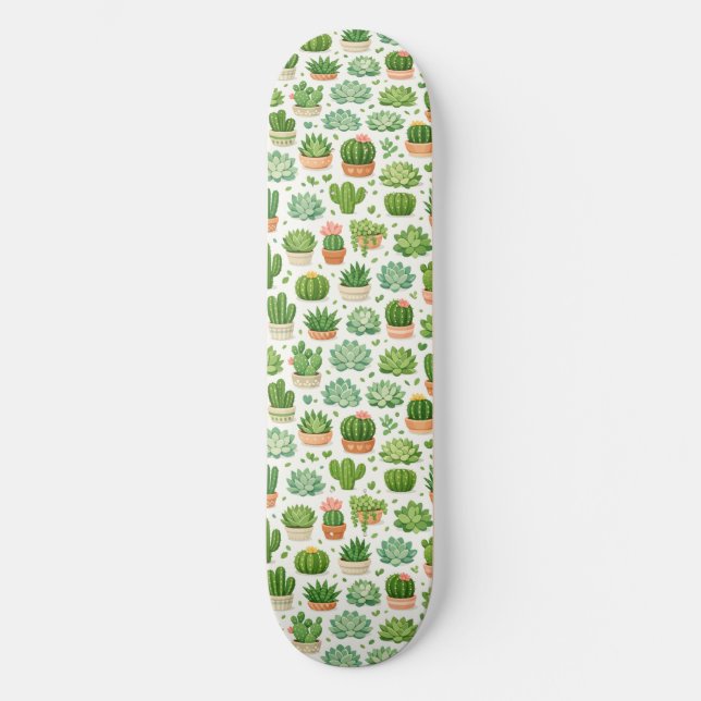 Cute Succulent Plant Seamless Pattern Skateboard (Front)