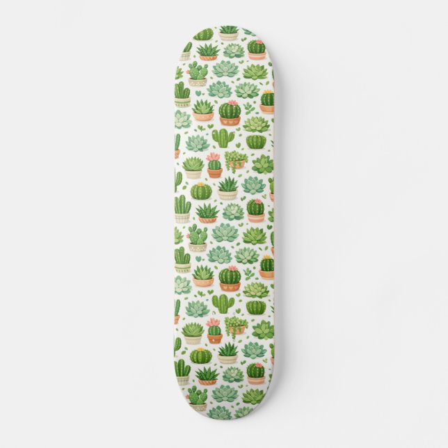 Cute Succulent Plant Seamless Pattern Skateboard (Front)