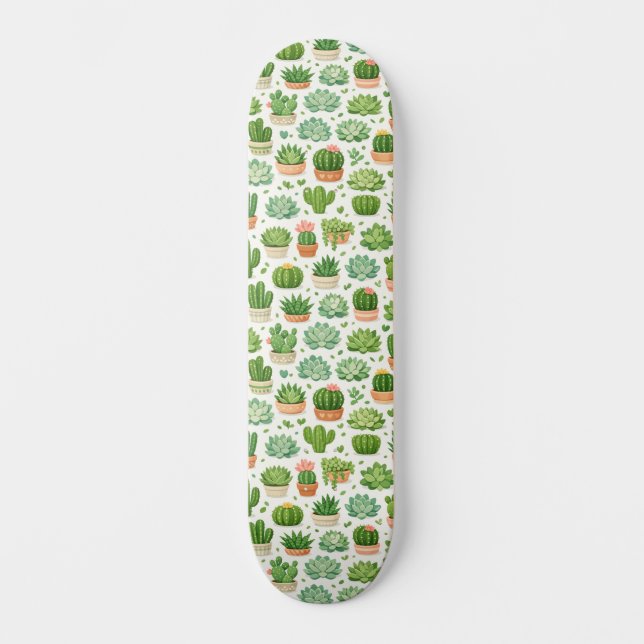 Cute Succulent Plant Seamless Pattern Skateboard (Front)