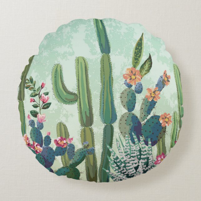 Cute Succulents: Vintage Cactus Pattern Round Cushion (Front)