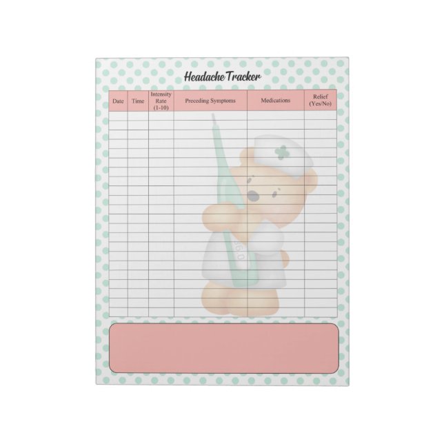Cute Sugar Bear Themed Headache Tracker Notepad (Rotated)