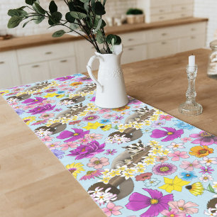 Cute Sugar Glider Tropical Plumeria Flowers Blue Short Table Runner