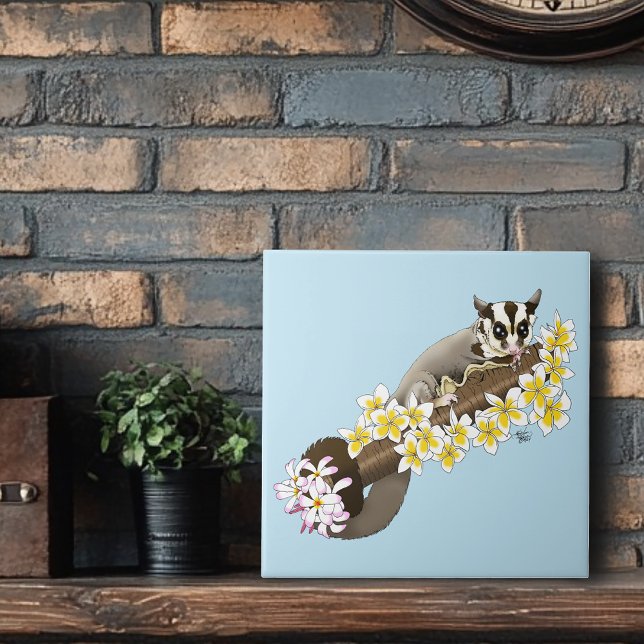 Cute Sugar Glider Tropical Plumeria Flowers Blue Tile (Creator Uploaded)