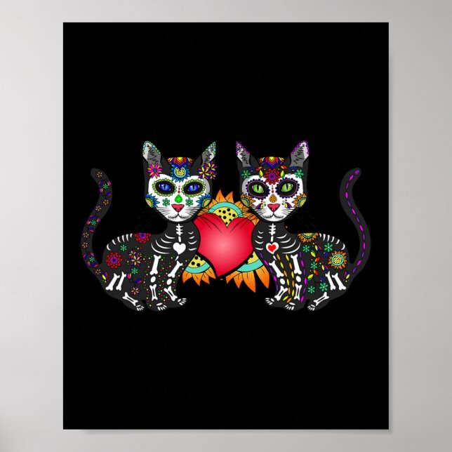 Cute Sugar Skull Cat Duo Heart Mexican Dia De Los  Poster (Front)