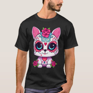 Cute Sugar Skull Cat Mexico Dia de Los Muertos Cal T-Shirt