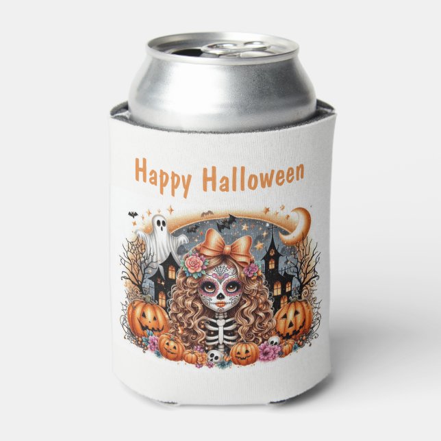 Cute Sugar Skull Halloween Theme Can Cooler (Can Front)