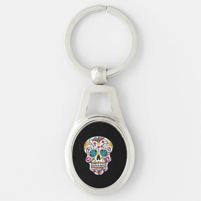 Cute Sugar Skull Happy Day of the Dead Key Ring (Front)