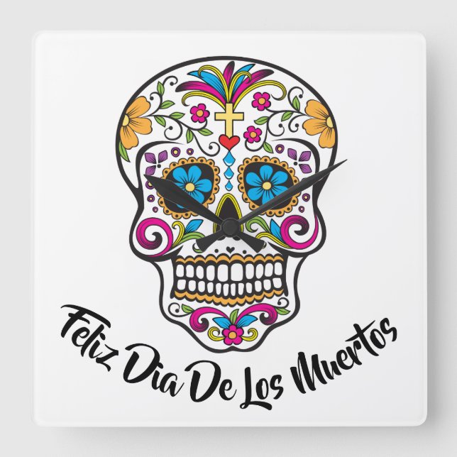 Cute Sugar Skull Happy Day of the Dead Square Wall Clock (Front)