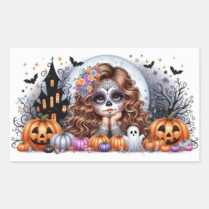 Cute Sugar Skull Haunted Halloween Scene Rectangular Sticker