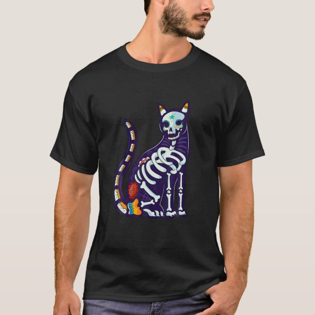 Cute Sugar Skull Mexican Cat Halloween Day Of Dead T-Shirt (Front)